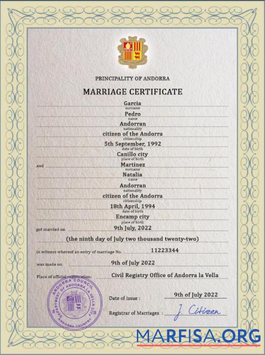 Printable Andorra marriage certificate PSD template